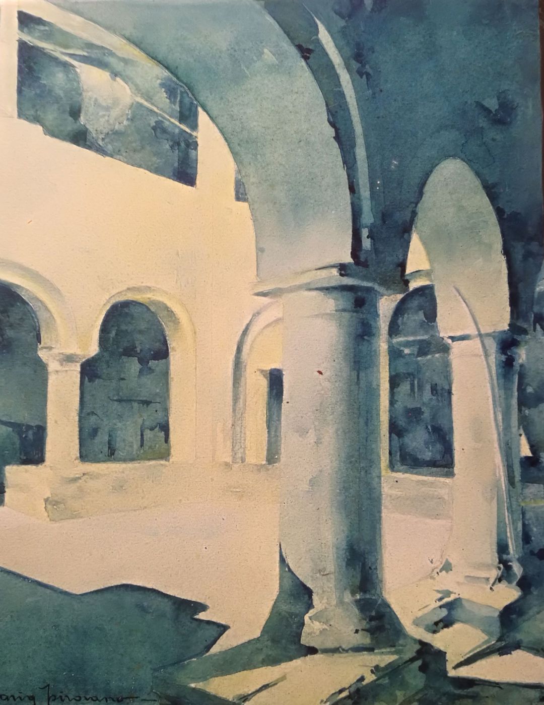 Isabella Pirovano 1890 -1976 Acquarello interno di chiostro monocromatico cm.19 x 25